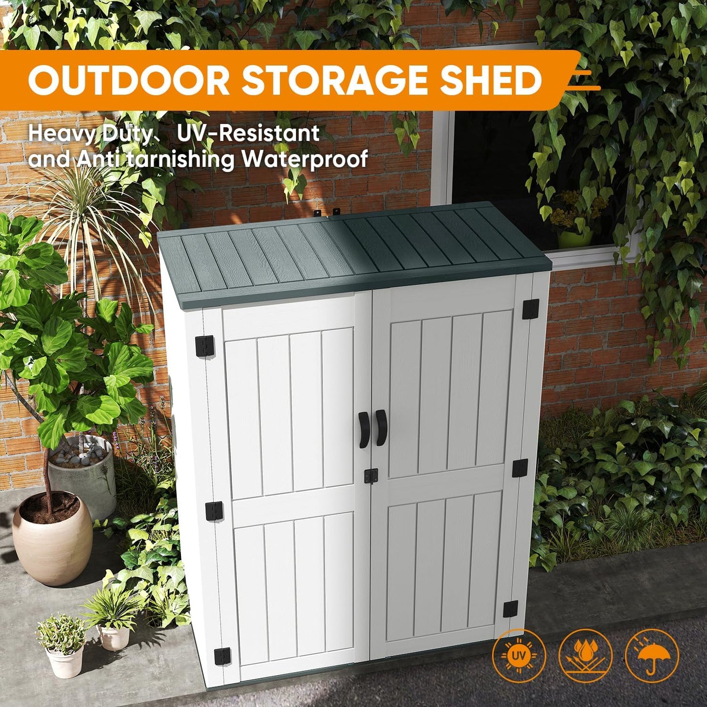 4.5 x 5.7 FT Outdoor Storage Shed, 59 Cuft Outside Waterproof Storage Cabinet, HDPE Resin Plastic 385 Gallon Outdoor Storage Container, Vertical Lockable Storage Shed, Light Grey