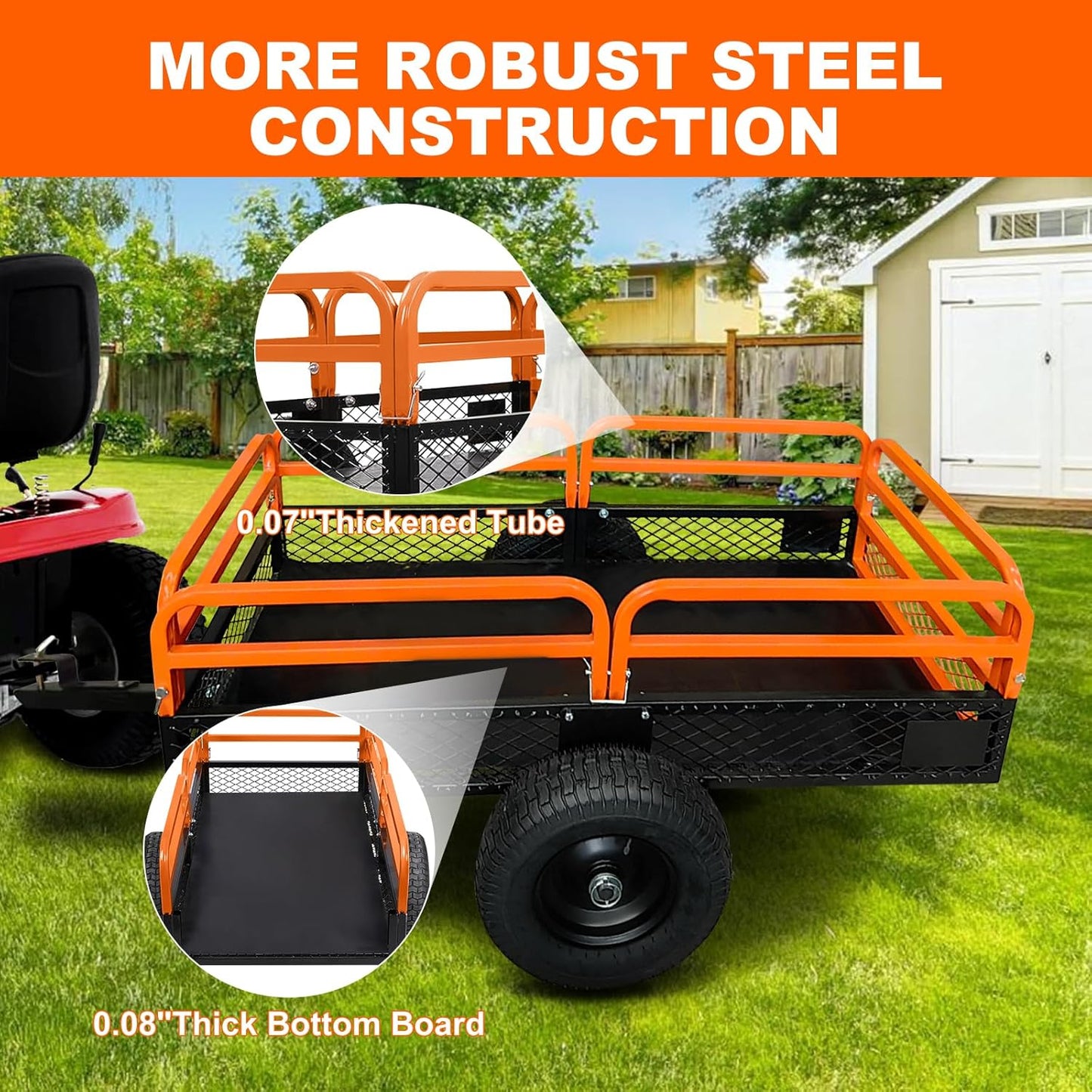 Heavy Duty Steel Garden Cart, 1500Lbs Yard Garden Pull Behind Dump Trailer with Removable Sides for Atvs Utvs Lawn Garden Tractors, Orange