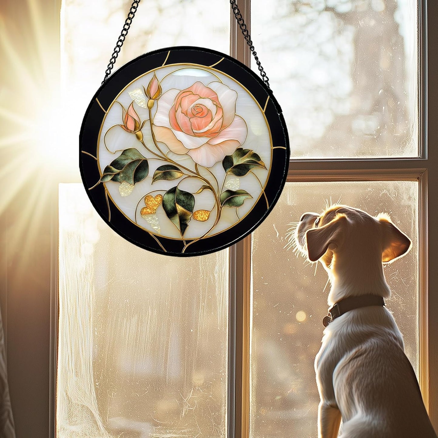 Stained Glass Window Hanging - Black White Pink Rose Sun Catcher for Door Home Decor Flower Suncatcher Christmas Mother's Day Birthday Gifts for Women Men Lovers Mom Nana 6.3 in