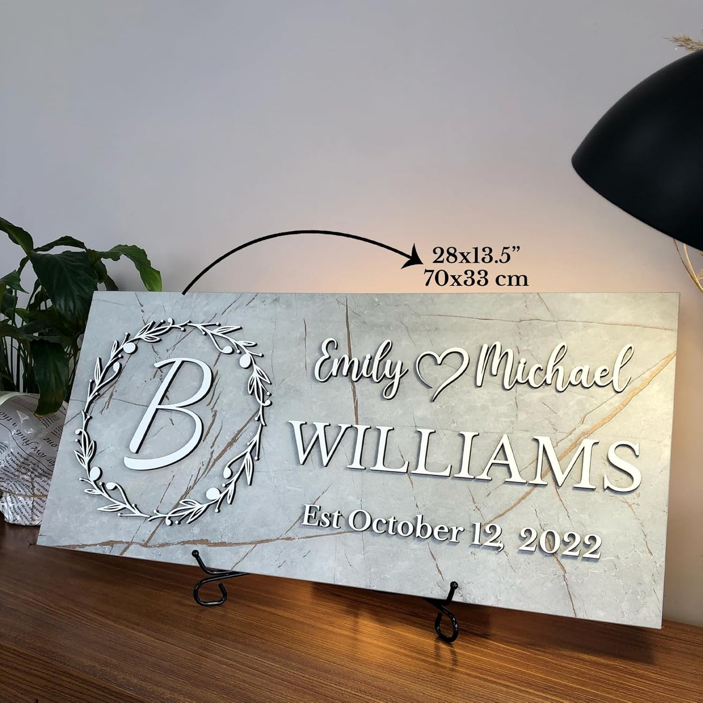 Personalized Monogrammed Family Name Sign with Couple Names, Marble Look Wood Sign, Personalized Wedding Gift, Modern Established Date Wall Decor, Anniversary of Housewarming