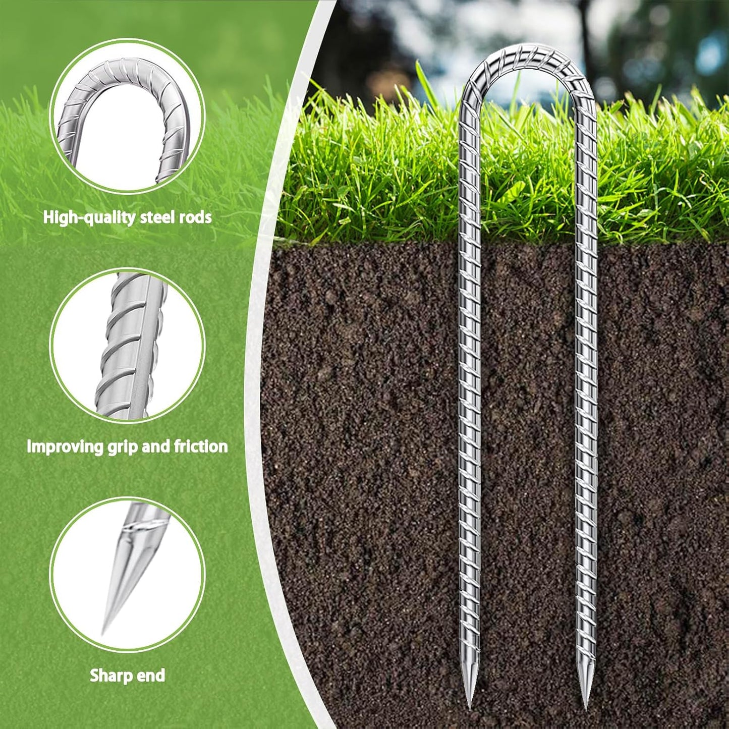 Rebar-Stakes-12-Inch-U-Shaped, Trampoline Stakes High Wind Ground Stakes Heavy Duty Galvanized Anti-Rust Metal Stakes Ground Anchors for Garden Dog Fence Chicken Coop Water Pipe 6pcs