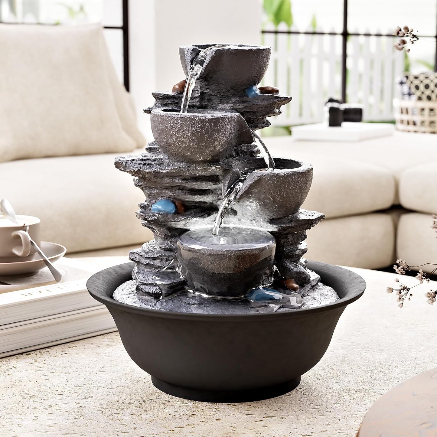 10.6inch Tabletop Fountain, Indoor Waterfall Fountains with LED Light, Realistic Rock Design for Soothing Ambiance in Bedrooms, Living Rooms, Offices, or Meditation Spaces