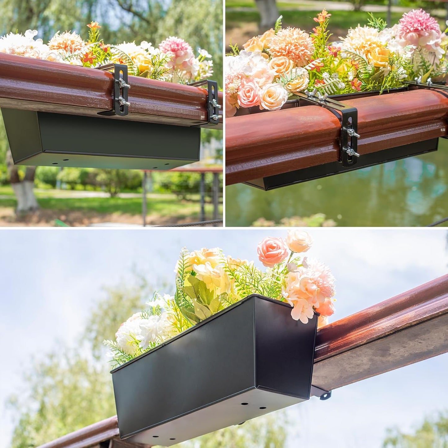 Railing Planter for Outdoor Plants 16 Inch Metal Rectangular Window Boxes with Adjustable Brackets and Drainage Hanging Flower Pots for Balcony Deck Railings Apartment Patio Decor Black(4PCS)