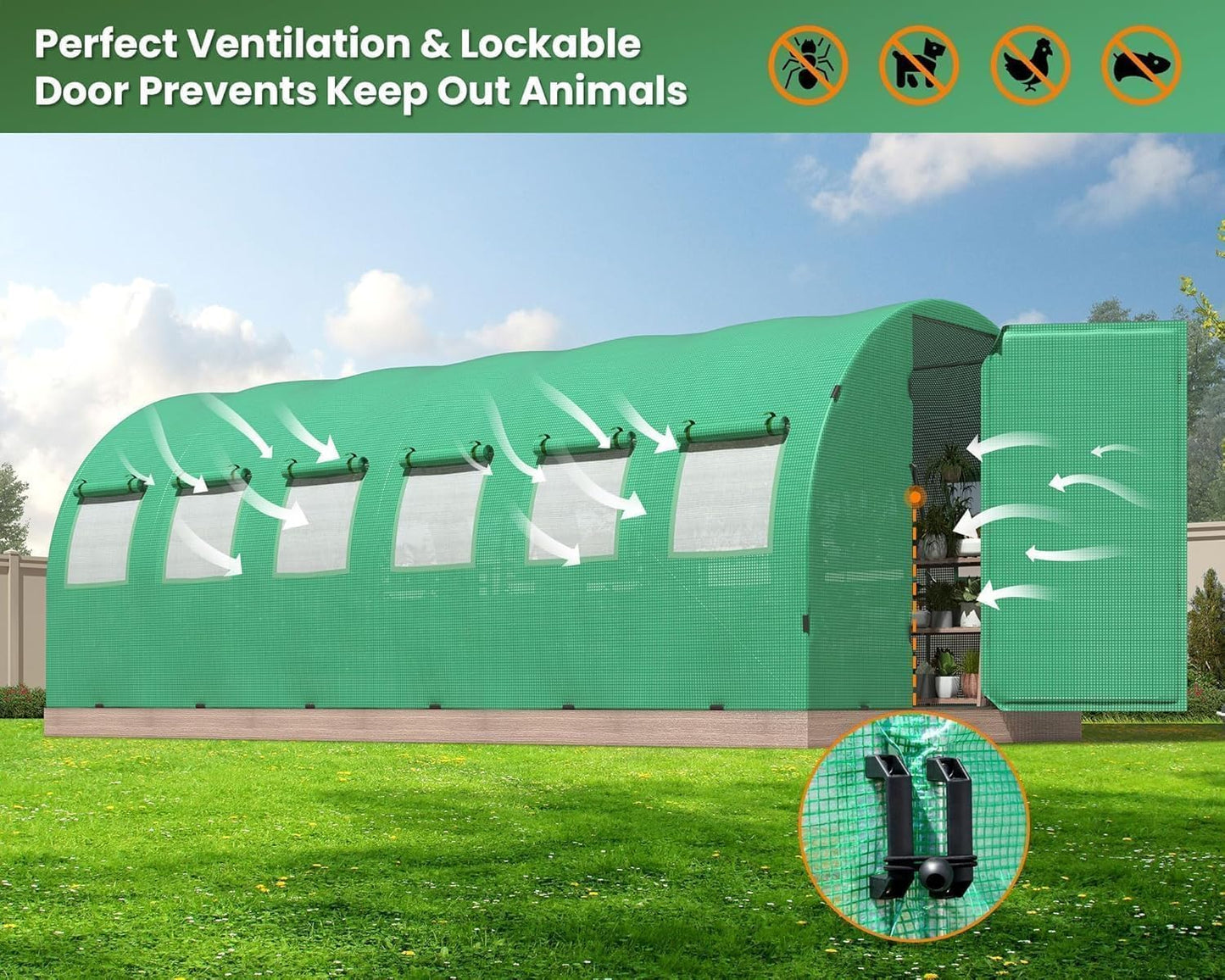 HOWE 26x10x7FT Heavy Duty Tunnel Greenhouse Kit with Watering System, Upgraded Swing Door Outdoors Greenhouse with Galvanized Steel Frame Film Clips & Ground Pegs, Green