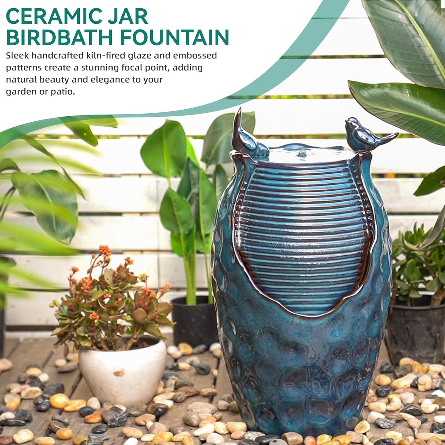 24.8" H Ceramic Jar Outdoor Water Fountain with LED Lights & Bird Accents, Elegant Turquoise Glaze with Bubble-Like Texture, Decorative Garden Water Feature