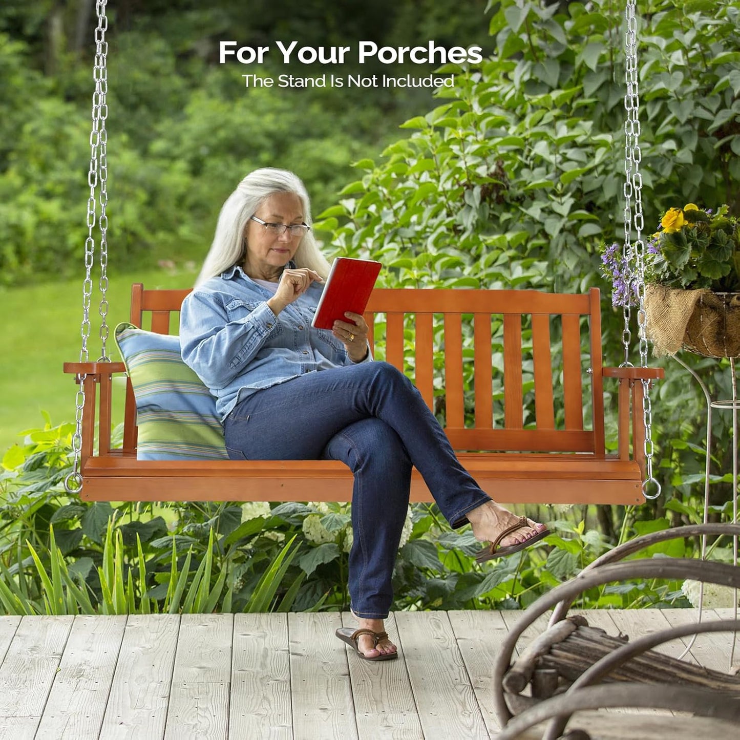 VINGLI Heavy Duty 880 LBS 5 FT Patio Wooden Porch Swing Outdoor with Upgraded Adjustable Chains, Outdoor Hanging Swing Bench for Garden, Yard, Balcony (5 FT, Brown)