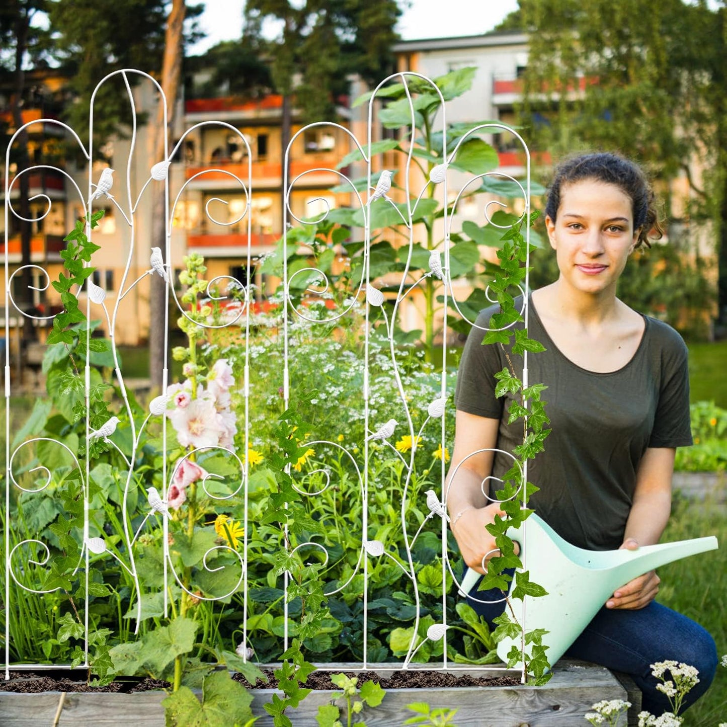 2 Pack Metal Garden Trellis for Climbing Plants Outdoor 61''x 18.5" Rose Flower Support Rustproof Sturdy Leaves Garden Trellis for Vegetables Trellis for Potted Plants - White