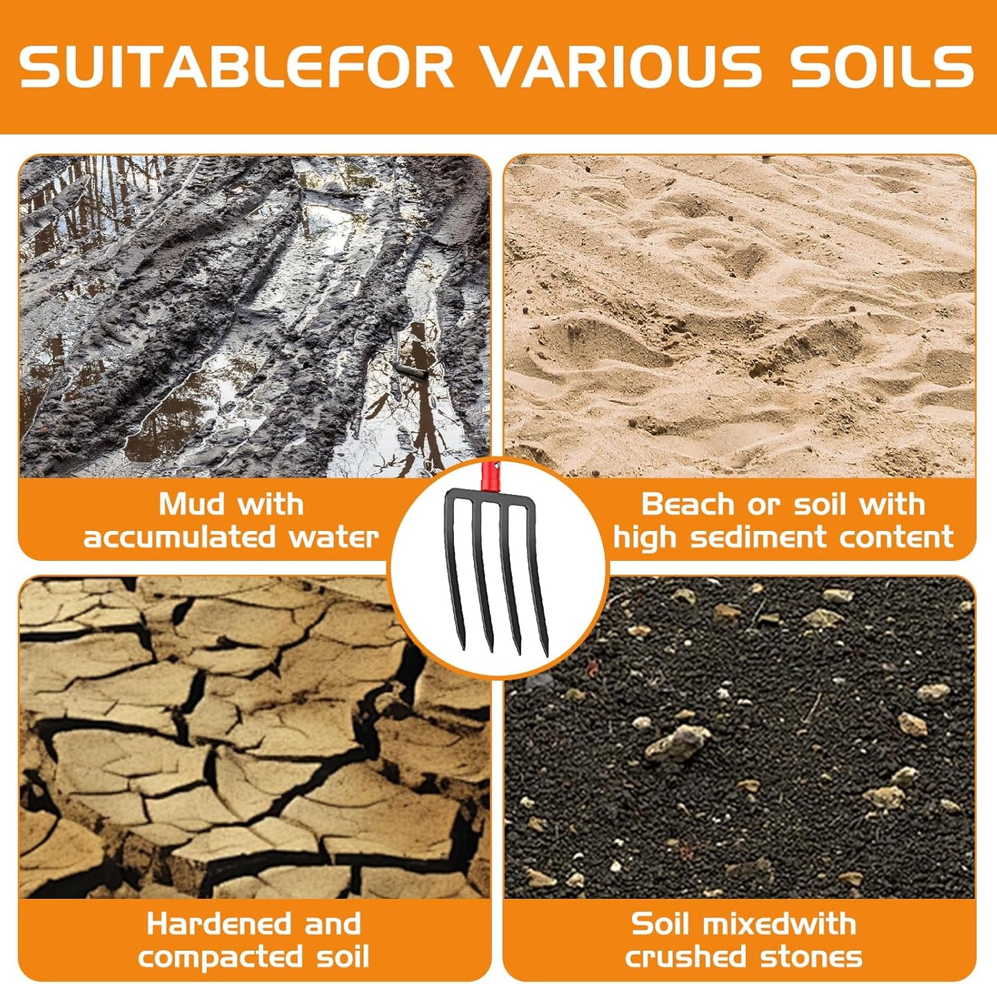 HIGHLIGHT Garden Fork, 4-Tine Spading Fork, Compost Fork, Steel Digging Fork, 45Inch, Steel D-Grip, Wooden Handle