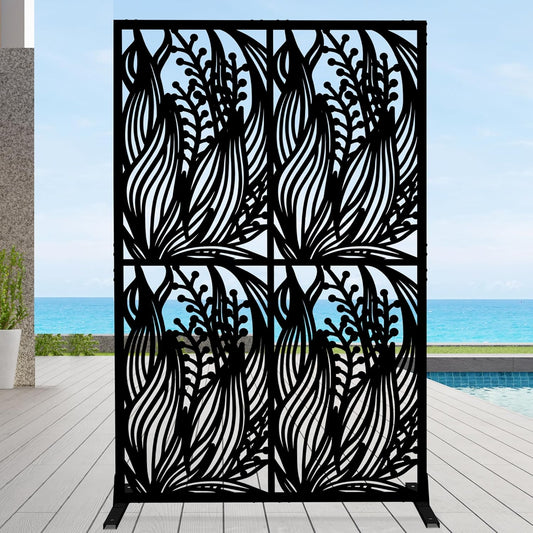 Metal Privacy Screen Outdoor W3.8Ft x H 6Ft Patio Privacy Panels Free Standing Divider Decorative for Balcony Garden Room Lawn Deck (1, Black Leaf)