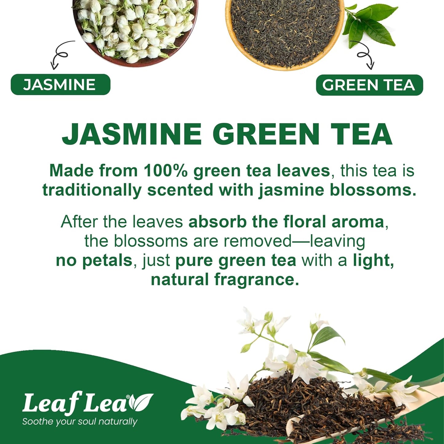 LeafLea 80 Jasmine Green Tea Bags, Green Tea with Natural Jasmine Aroma, Light Focus & Daily Balance, Delicate Floral and Smooth Taste, Caffeinated, Sugar-Free, Non-GMO, Vegan, Individually Wrapped