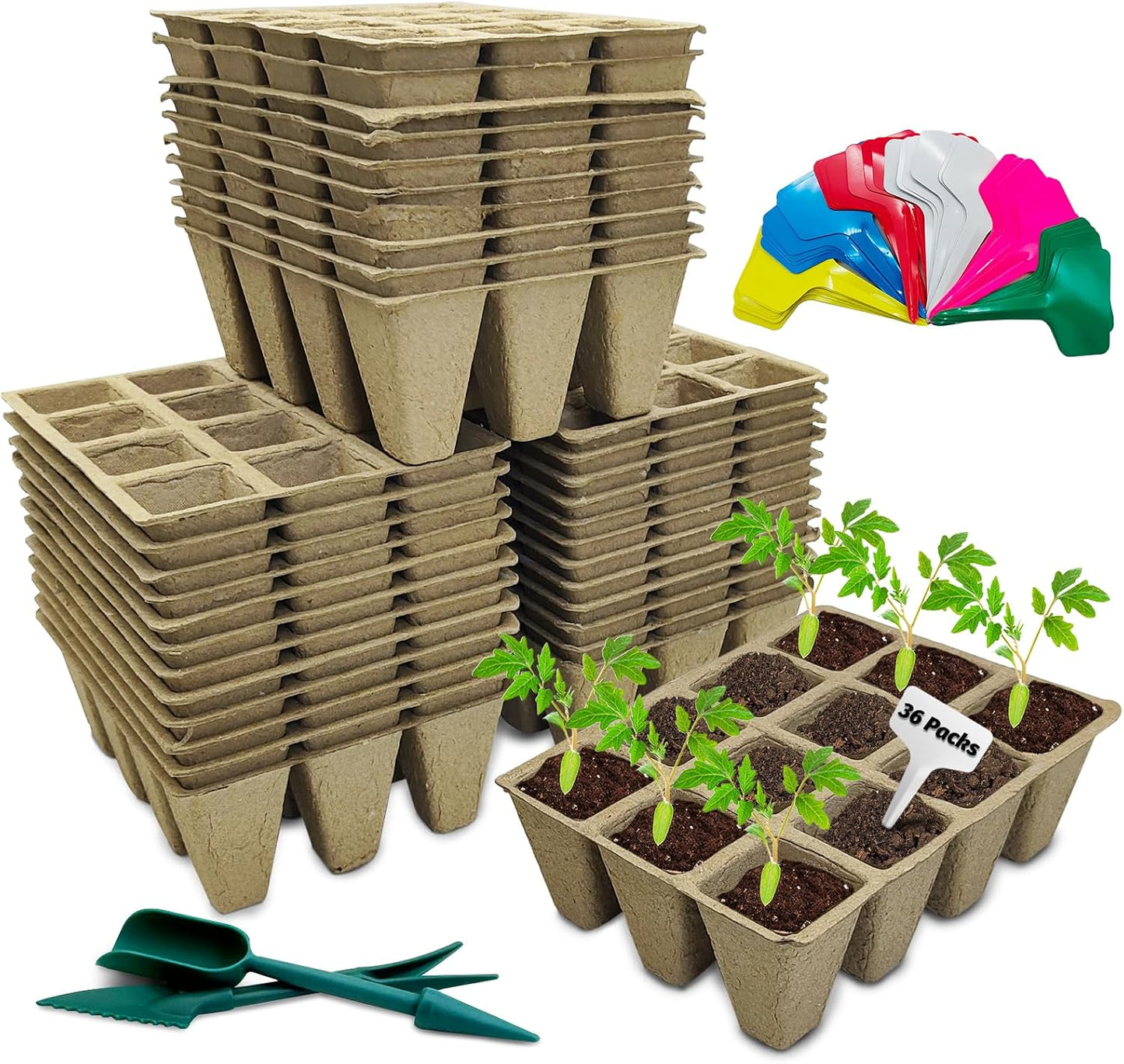 PINVNBY 432 Cells Seed Starter Tray 36 Packs Biodegradable Peat Pots for Seedlings Disposable Seedling Starter Trays with 36 Labels and 2 Transplant Tools