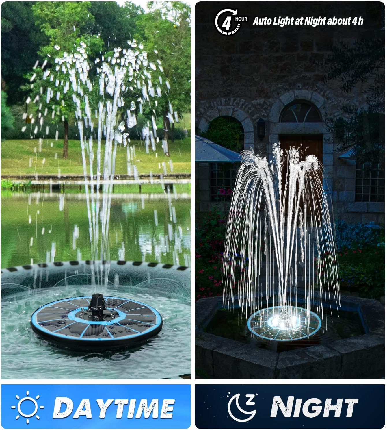 Solar Fountain Glass Panel with 2200 mah Battery, 3.5W Floating Solar Water Fountain with 4 Fixed Rods, Solar Fountain Pump for Bird Bath, Garden, Pond, Pool, Outdoor-White Lights