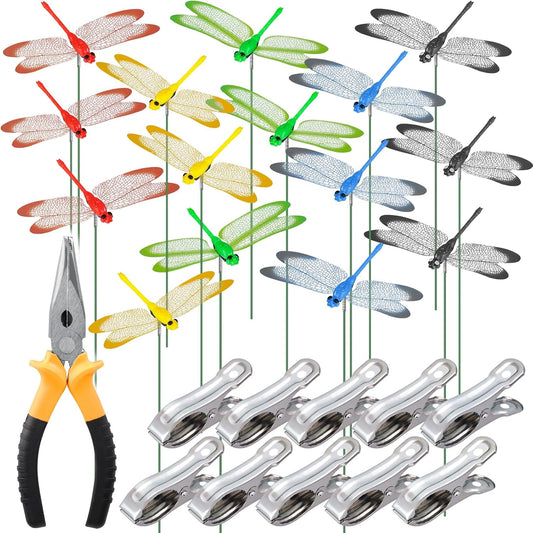 NiHome 15PCS Decorative Dragonflies with 10 Clips Decor for Garden, 9.8" Long Multicolor Waterproof Outdoor & Indoor Use, Versatile Clip-On Plant Decoration, Includes Pliers for Easy Attachment