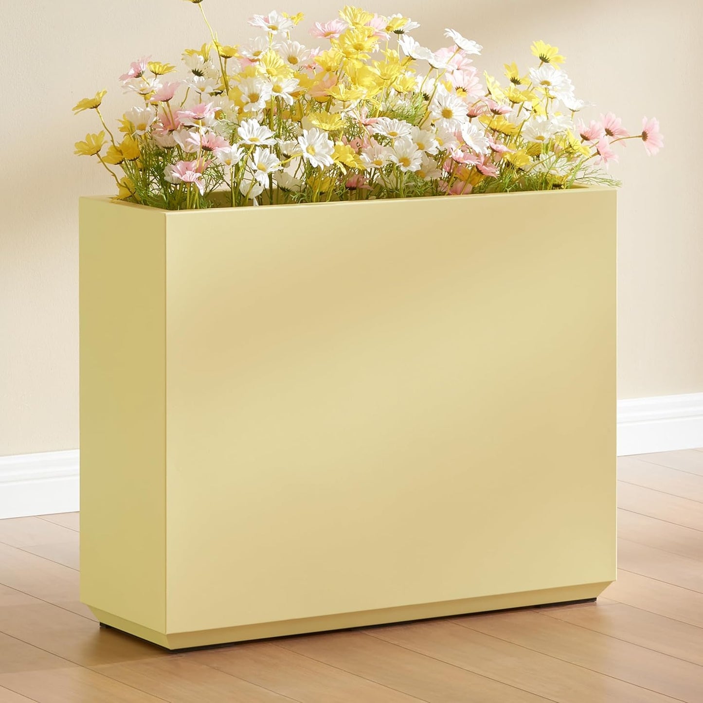 Metallic Heavy Outdoor Span Planter Box, Long and Tall Divider Planters, Flower Pot, Plant Container 30Lx10Wx24H, Bright Yellow, No Assemble and Seamless 30.8 Pounds