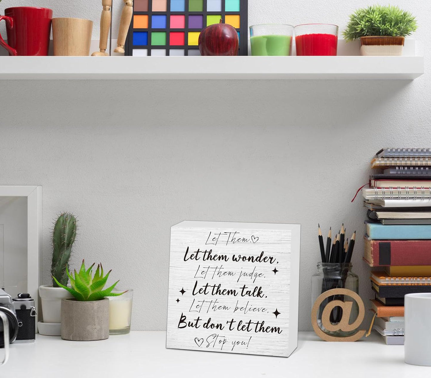 Let Them Wooden Sign, Desk Decorations For Women Office, 5x5 Inch Farmhouse Funny Office Decor Wood Box Sign, Desk Shelf Cubicle Accessories, Appreciation Gifts for Coworkers Boss, 11