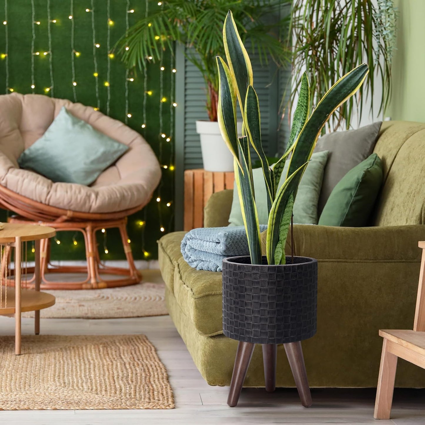 D'vine Dev 8 Inch Modern Geometric Tile Patterned Sleek Planter Pot with Stand, Indoor Outdoor Decorative Plant Holder, Distressed Black, 88-Z-A-5