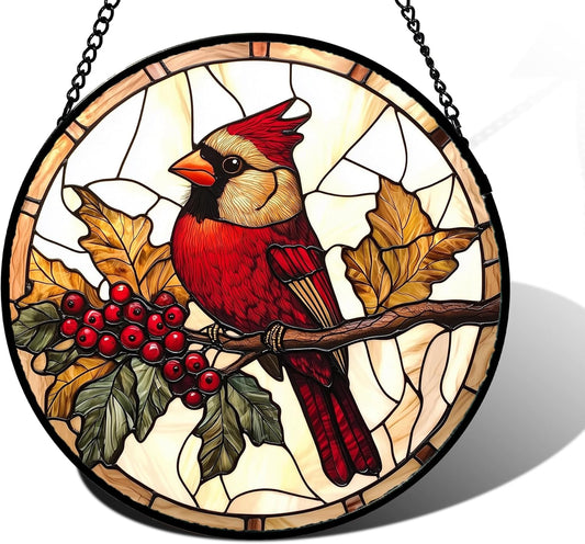 Stained Glass Window Hanging, Birds on a Branch Cardinal Sun Catchers Diamond Glass Panel Hangings Suncatcher Decor for Birthday for Women, Men, Wife, Aunt, and Mom 6.3 in