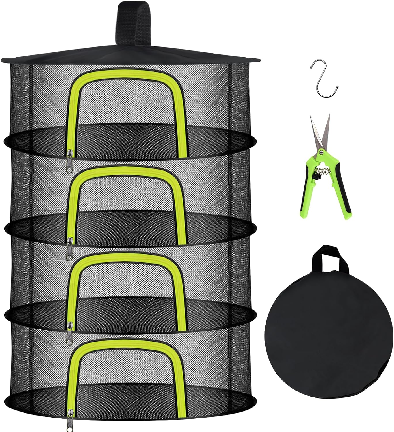 4 Layer Herb Drying Rack, Hanging Mesh Net, Foldable Plant Drying Rack With U-Shaped Zipper, Garden Trimming Shears and Hooks, For Drying Herbs Plants, Fruits, Seafood, Clothing(4 Layers-23.62'')