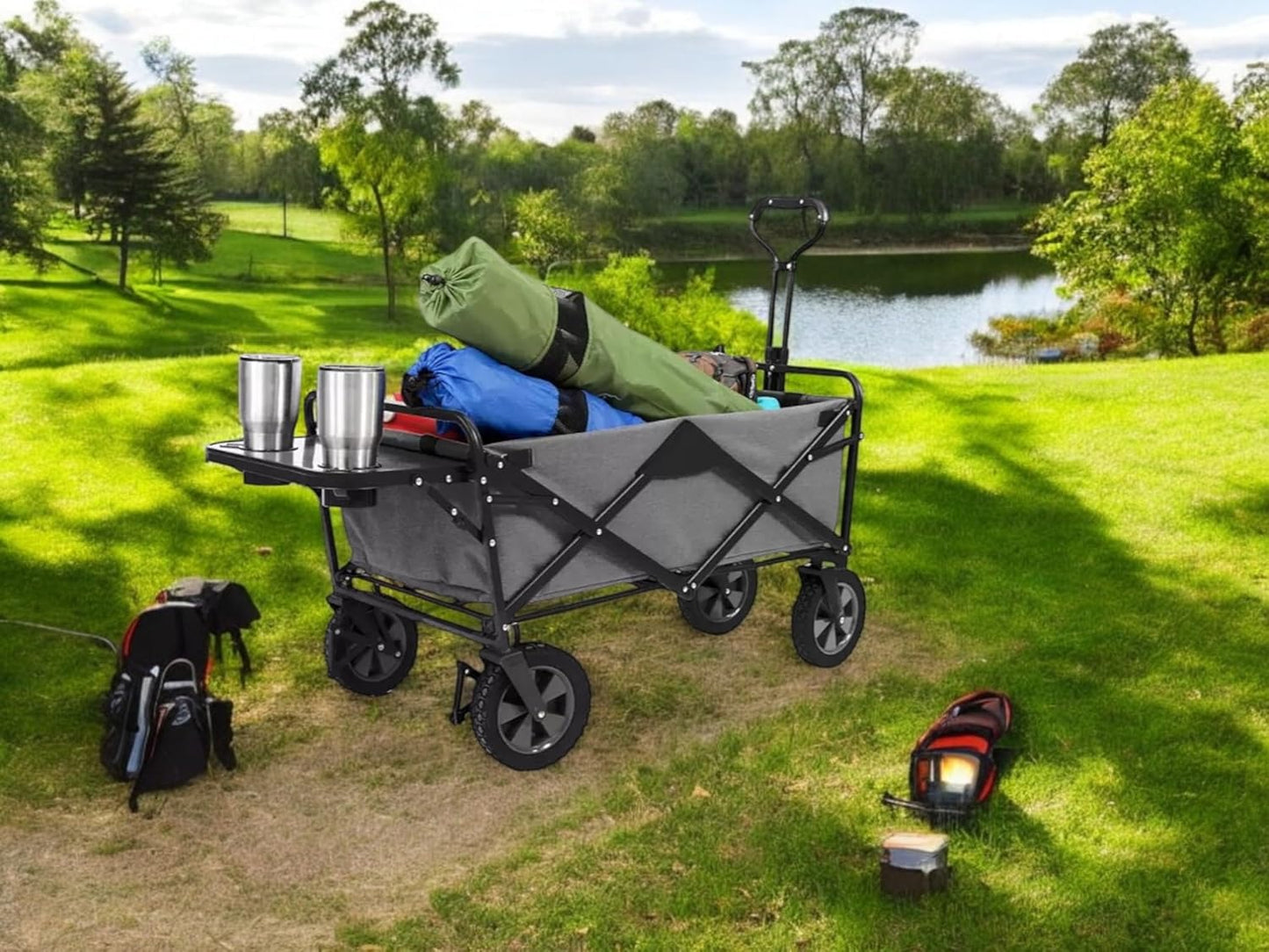 Heavy Duty Steel Frame Collapsible Folding Wagon with Table,150 Pound Capacity Outdoor Camping Garden Utility Wagon Yard Cart (Grey, 1PACK)