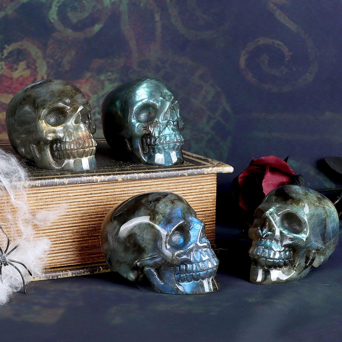 3" Labradorite Crystal Skull Figurine Decor Healing Stones Carved Luminous Stone Skull Head Statue Sculpture Ornaments