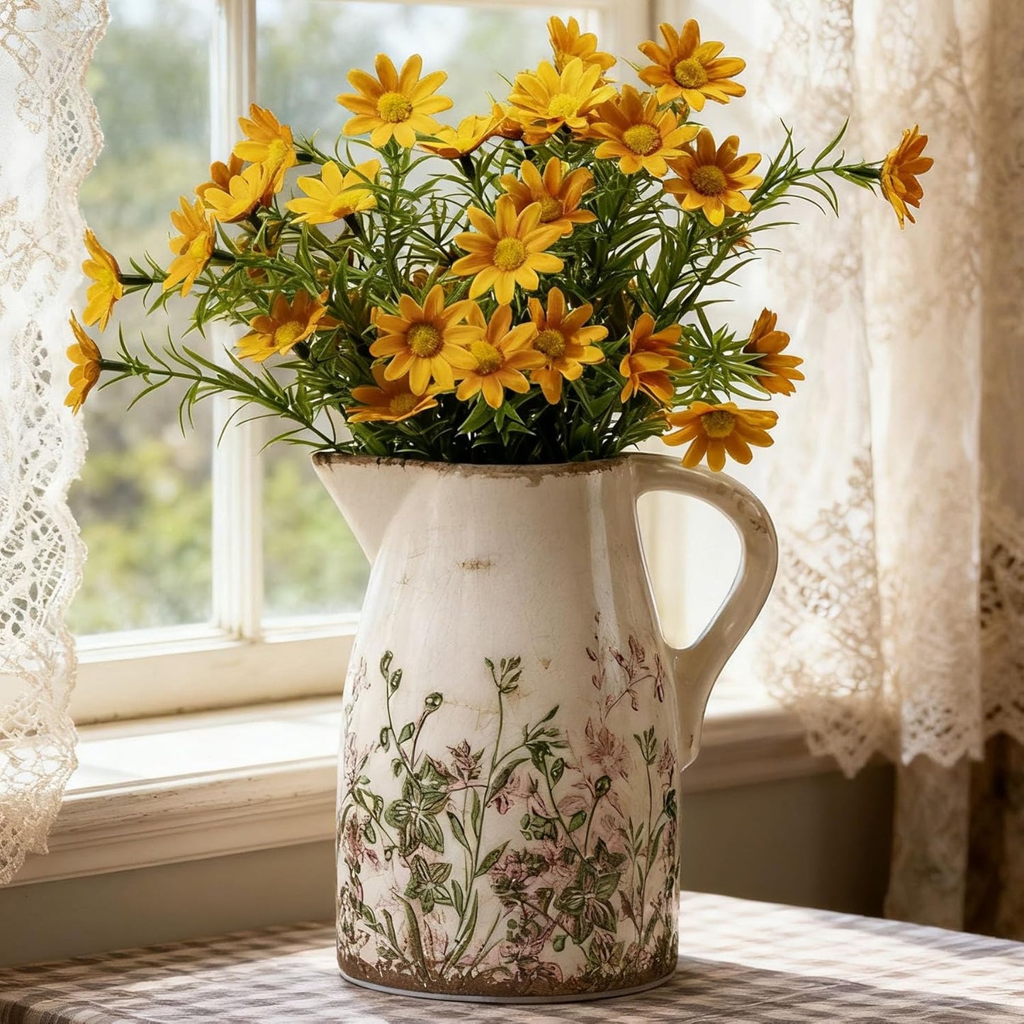 Vintage Pink and Green Floral Pitcher Vase with Handle, Ceramic Farmhouse Flower Vase French Country Decor, Rustic Table Centerpiece, Grand Millennial Tuscan Home Decor for Living Room, Bookshelf