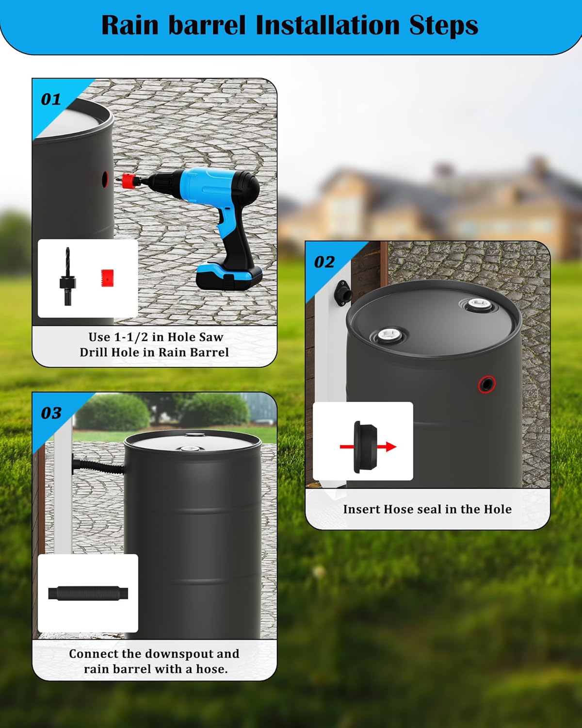 Rain Barrel Diverter Kit, Rain Barrel Downspout Spigot Diverter Kit for Rectangular Downspouts, Include Spigot and Diverter kit, Easily Turn Containers into Rain Barrels (with Hole Saw Set)