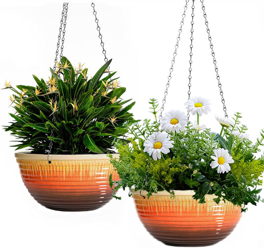 12 inch Large Hanging Planters for Indoor Outdoor Plants, Set of 2 Glazed Hanging Flower Pots with Drainage Hole, Hanging Baskets for Garden Home Porch Decor
