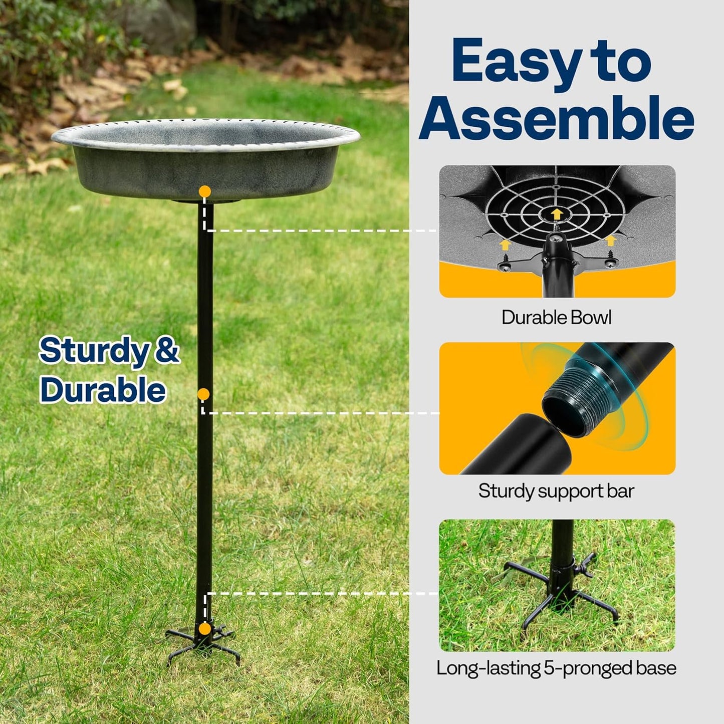 VIVOHOME Oval Polyresin Bird Bath Bowl with Metal Stake, 29 Inch Height Outdoor Freestanding Birdfeeder, Capacity 1.3 Gallons, 5-Pronged Base, Gray