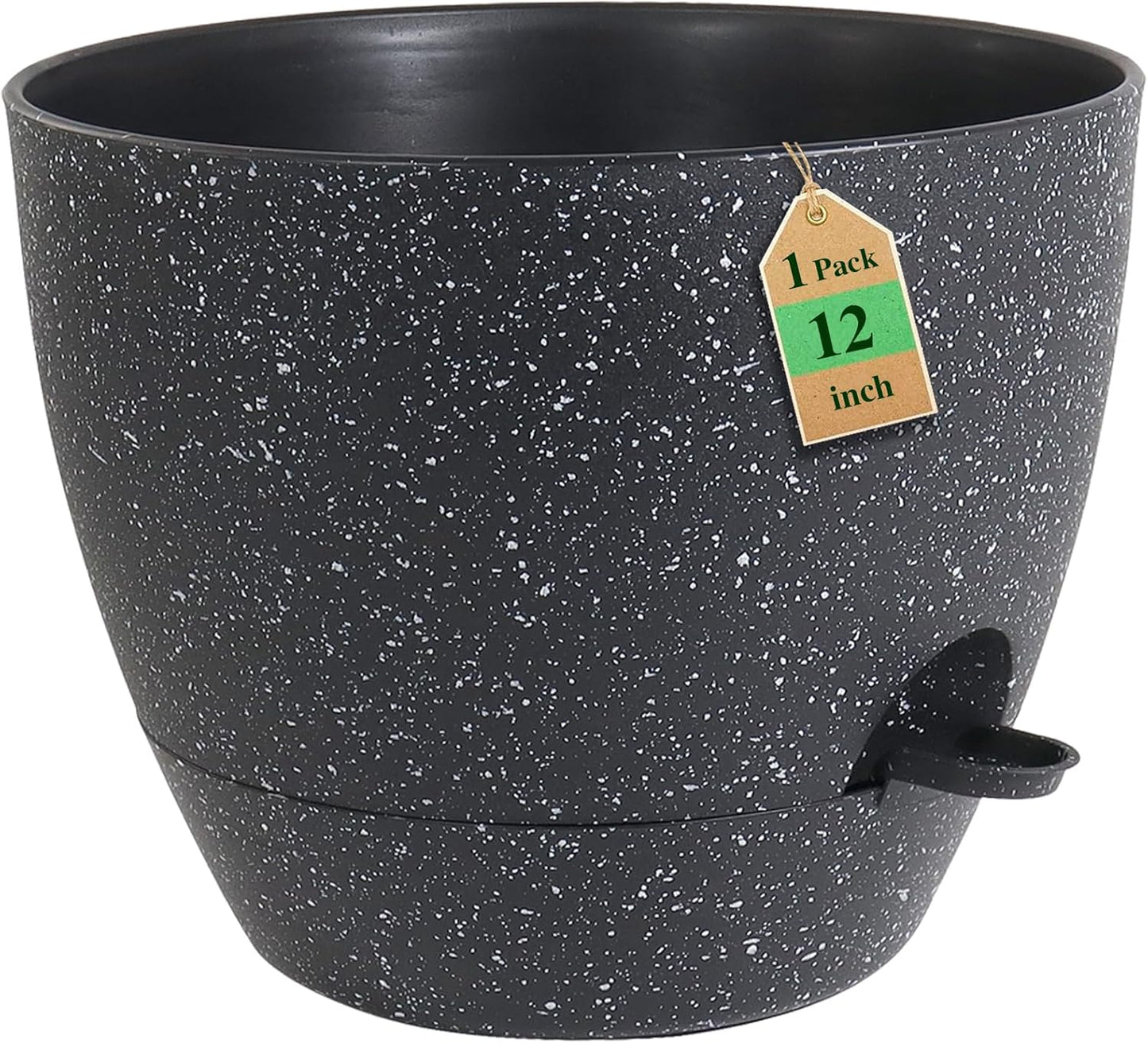 12 inch Large Self Watering Pots, Planter, Plant Pots with Mesh Drainage Holes for Indoor Outdoor House Plants and Garden, Plastic Flower Pots with Deep Reservoir, Speckled Black