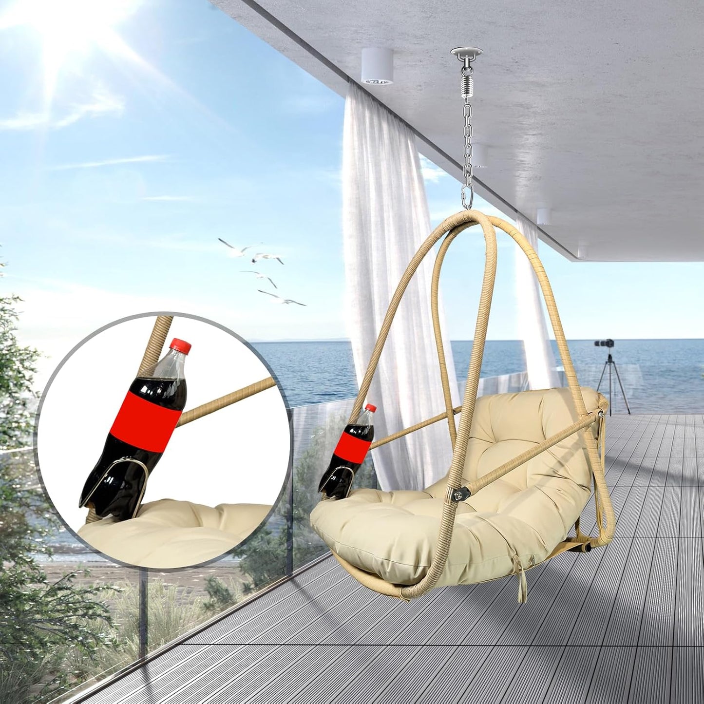 JESE Swing Egg Chair Without Stand Foldable Frame Hanging Chairs for Indoor Outside,with UV Resistant Waterproof Cushion&Cup Holder,Swing Hammock Chair for Patio,Bedroom,Balcony,Garden,Backyard,Khaki