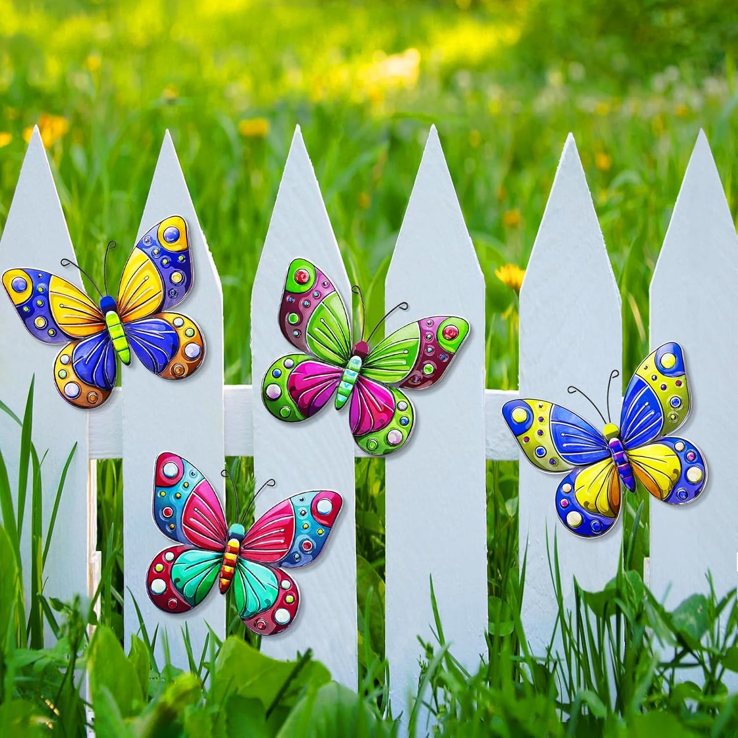 ULENDIS 4 Pack Metal Butterfly Wall Art Decor, 3D Colorful Outdoor Wall Art Fence Decorations for Patio and Yard, Hanging Decor for Garden Living Room Balcony, Gift for Family Friends(C)