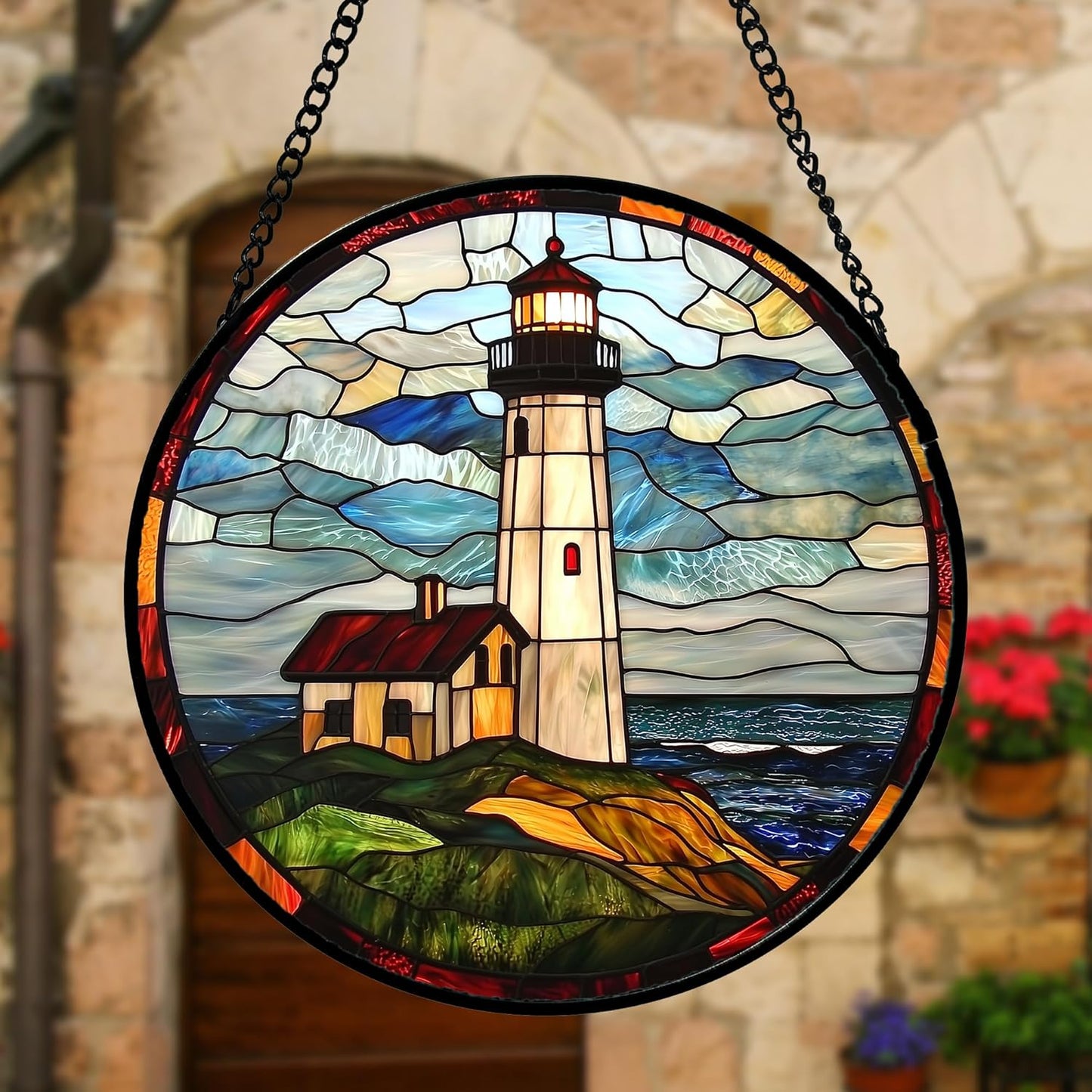 Stained Glass Window Hanging, Ocean Lighthouse Sun Catchers Glass Panel Blue Green Suncatcher Decor for Birthday for Women, Men, Wife, Aunt, and Mom 7.8 in