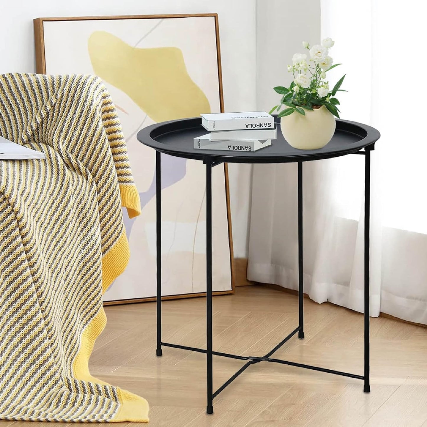 Garden 4 you End Table Metal Side Table Black Round Folding Tray Cyan Sofa Small Accent Fold-able Table, Round End Table Tray, Next to Sofa Table, Snack Table for Living Room and Bed Room