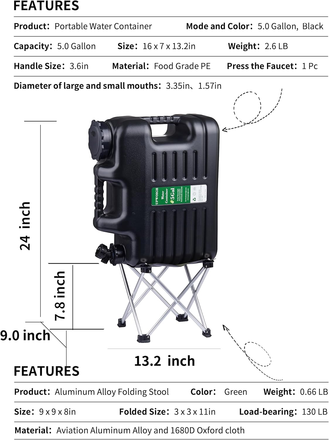UPWOIGH 5 Gallon Water Jug with Spigot and Folding Stool – Leak-Proof, BPA-Free Portable Black Water Container with Stand, Large Outdoor Storage Tank for Camping, Hiking, RV, Travel, and Emergency Use