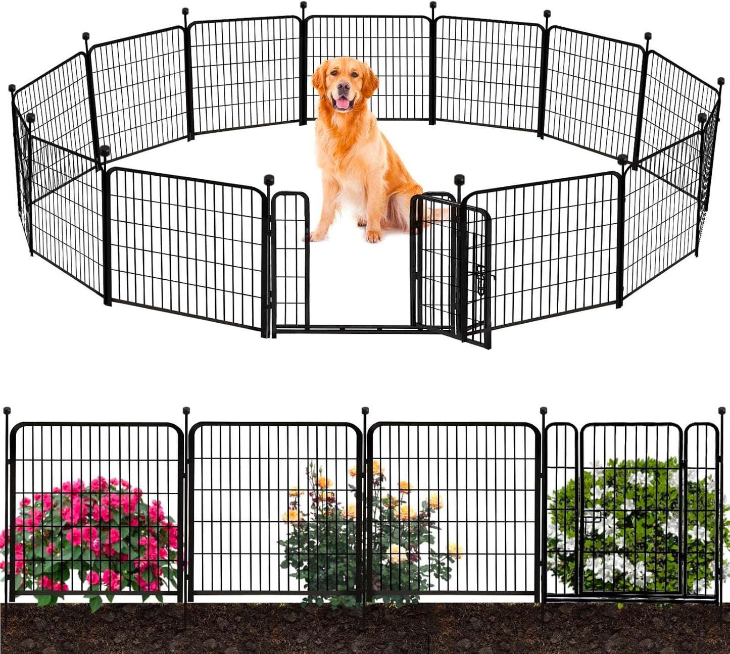 ADAVIN Tall Garden Fence 32 in(H) 16 Panels Total 35.4 Ft(L) Border, Wide Door Low Threshold, Flower Bed Fencing, Animal Barrier Fence, Fence for Dogs Outside, Black Metal Garden Fences with Gate