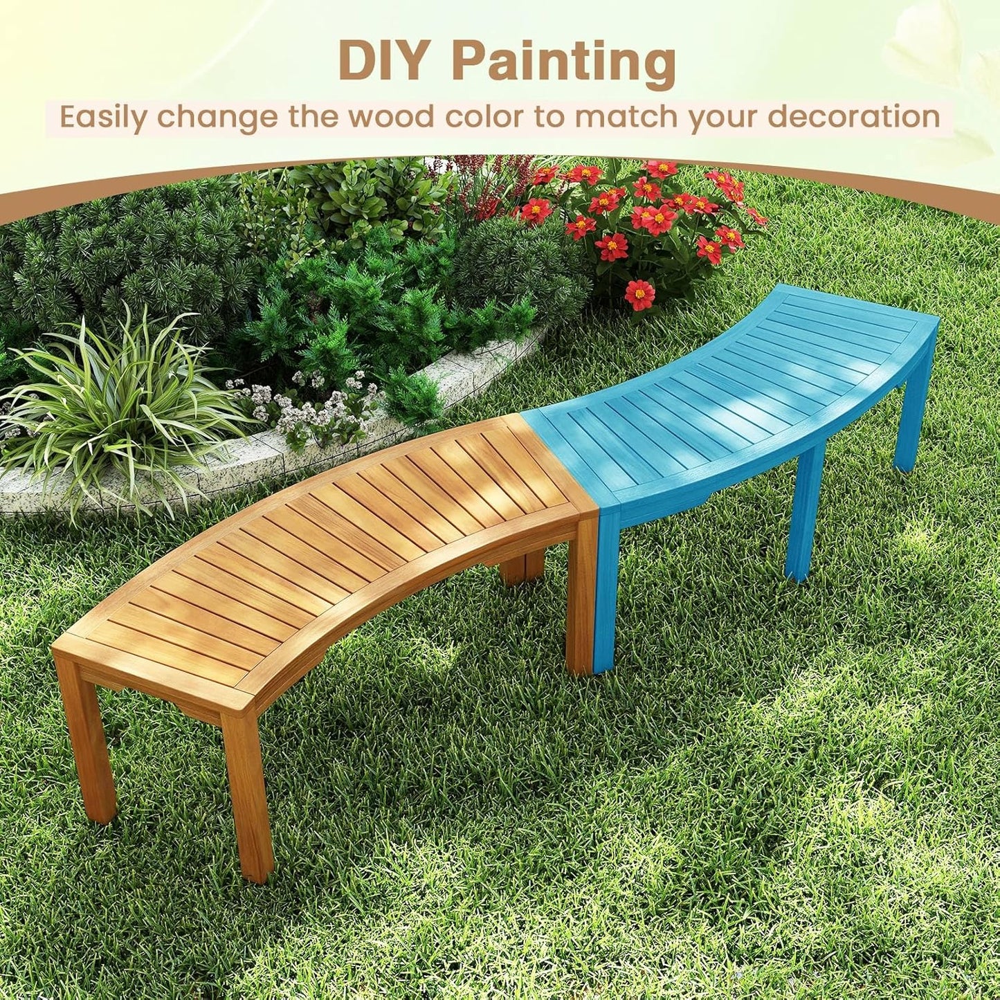 Tangkula Outdoor Curved Bench, Acacia Wood Fire Pit Bench w/Slatted Seat, Patio Backless 2-Person Seating for Porch, Yard, Garden, 800 LBS Max Load, Oil Painted (7, 45")