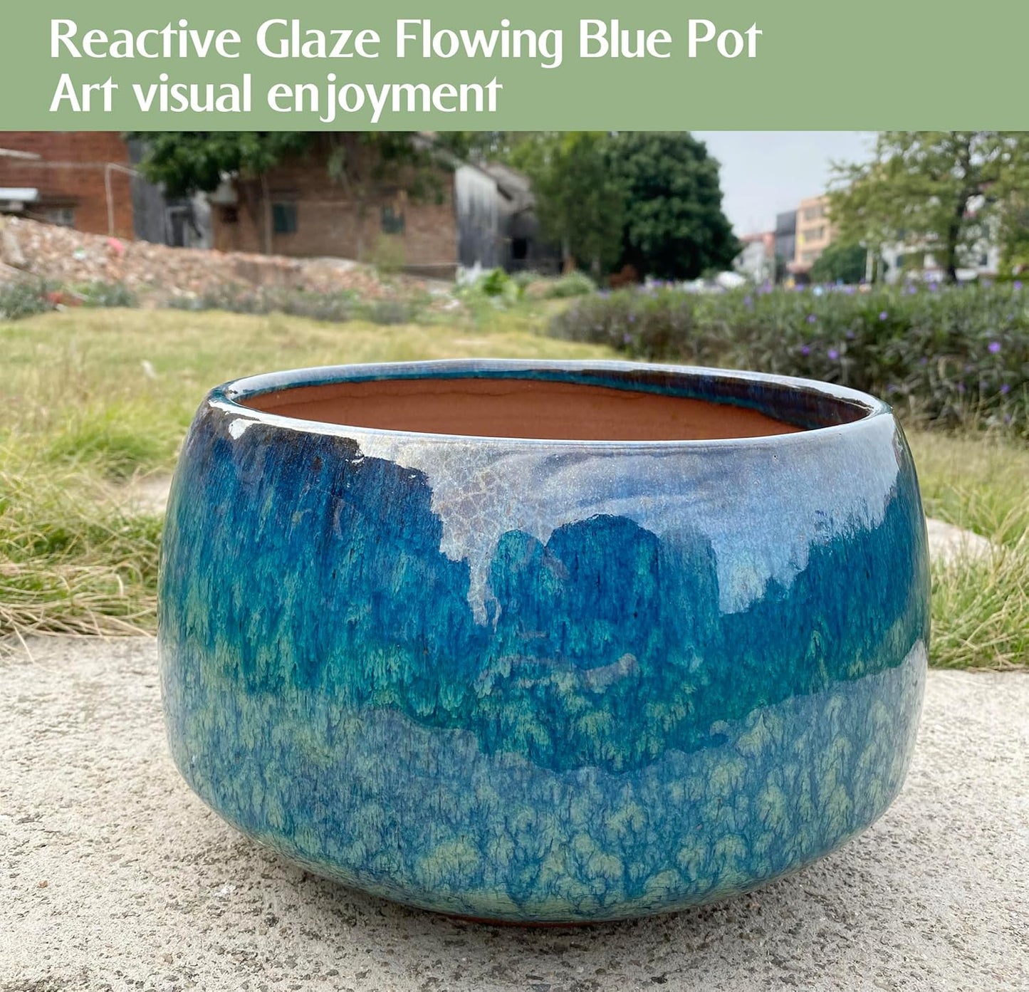 Reactive Glaze Peacock Color 11" Ceramic Plant Pot, Large Blue Green Planter Artisan Flower Pot with Drainage Hole, Breathable Planter for Indoor Outdoor Plants