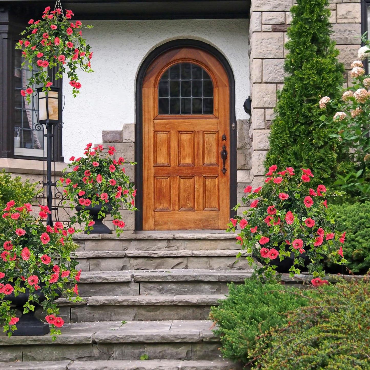 Artificial Flowers Faux Outdoor Plants Artificial Petunias For Outdoors Uv Resistant Fake Petunias Plants Hanging Flower Patio Decor Outside Basket Realistic Silk Plant No Pot(Rose Red 2pcs)