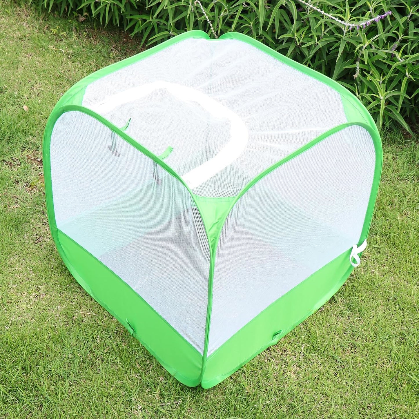Mesh Plant Cover for Outdoor, Plant Netting Protector Garden Cover Cloche for Fruit, Vegetables, Strawberry, Flowers and Herbs Pop-Up Cage with 4 Stakes (White with Green, 19.7" x 19.7" x 19.7")