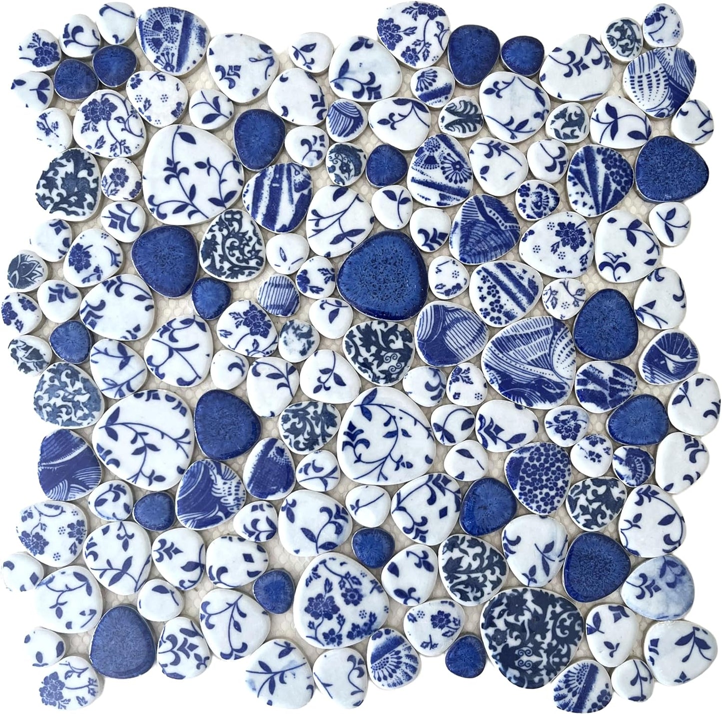 Blujellyfish Blue & White Pebble Tile Porcelain Mosaic Tiles for Art Deco (Pack of 5)