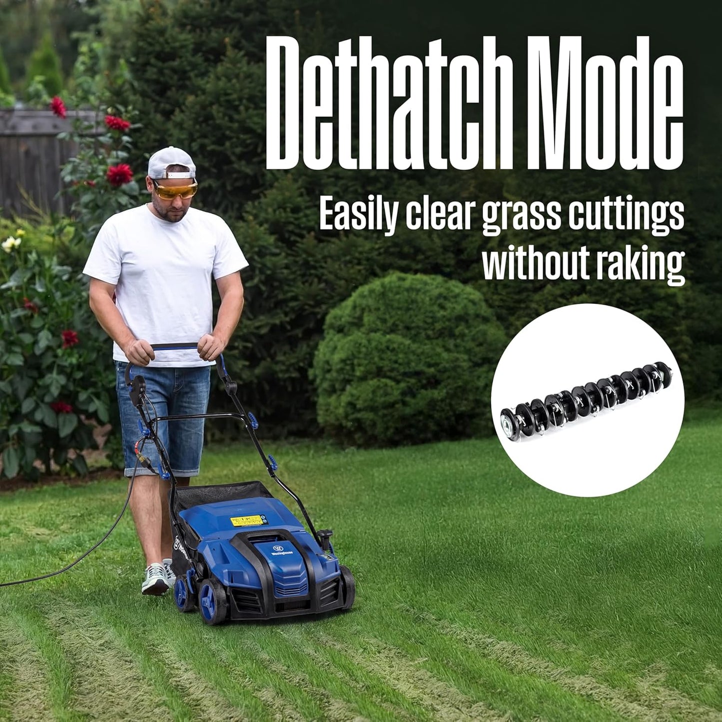 Westinghouse 16-Inch 15 Amp 2-in-1 Corded Electric Dethatcher and Aerator with 14.5 Gallon Thatch Collection Bag, 5-Position Depth Adjustment and 3-Position Angle Settings