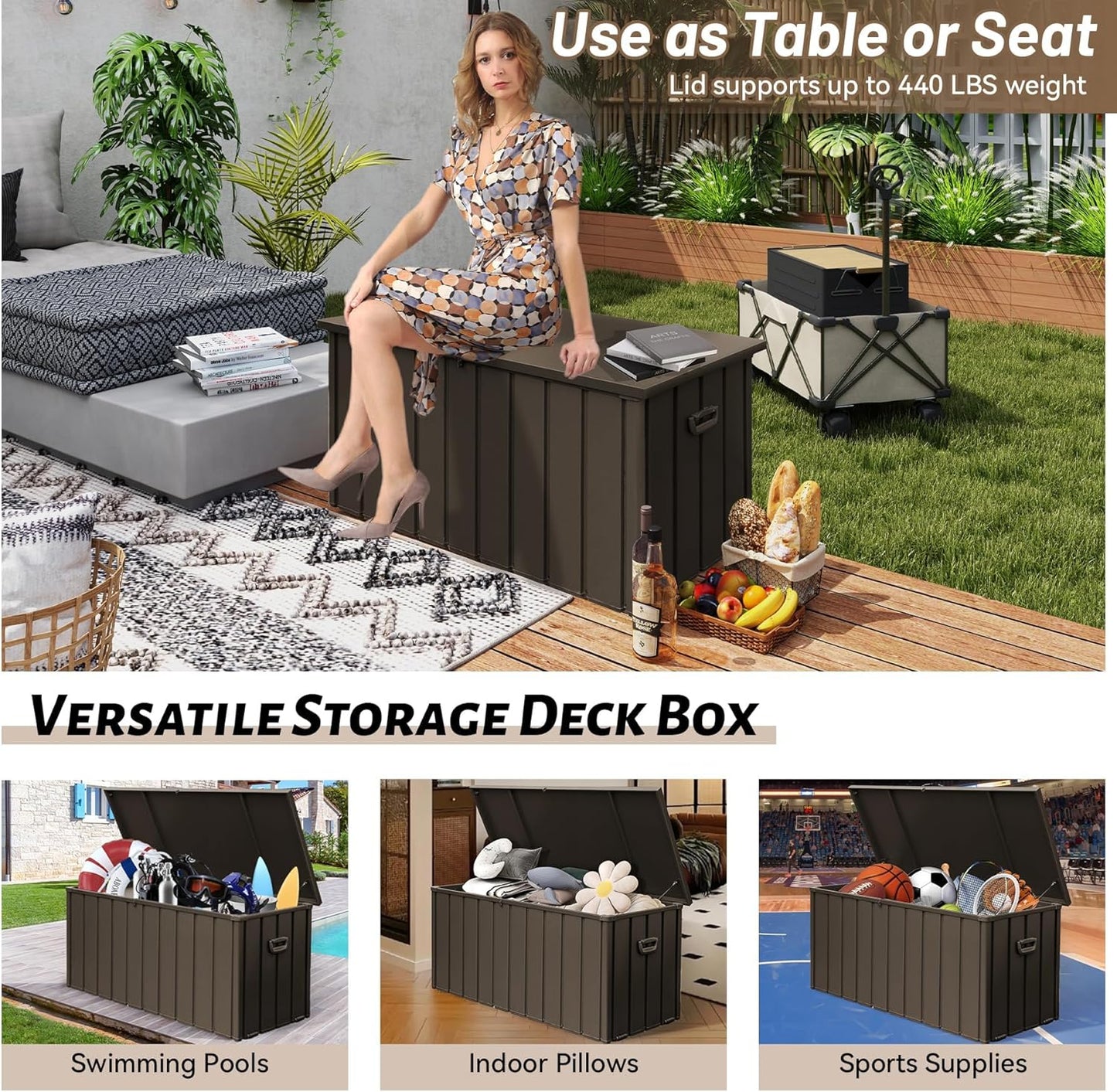 Outdoor Storage Box, 120 Gallon Metal Deck Box Waterproof, Outside Steel Storage Lockable Cabinet, Indoor Storage Bin Container for Patio/Poolside/Backyard Cushions, Pillow- Brown