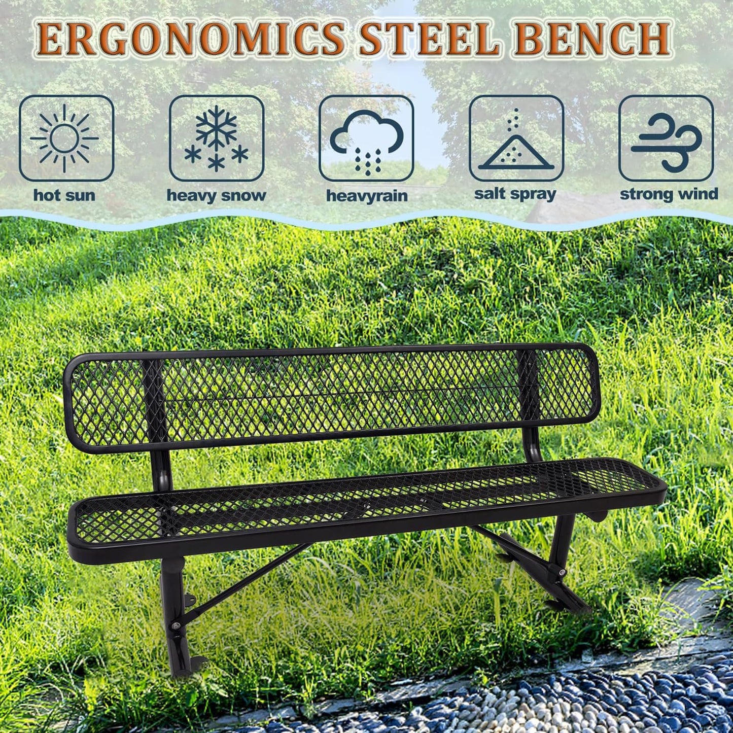 4/6/8 Feet Park Bench for Outside Heavy Duty Metal, Garden Benches Outdoor Bench with Backrest & Portable Frame, for Shopping Malls Stores Parks Patios Decks, Black