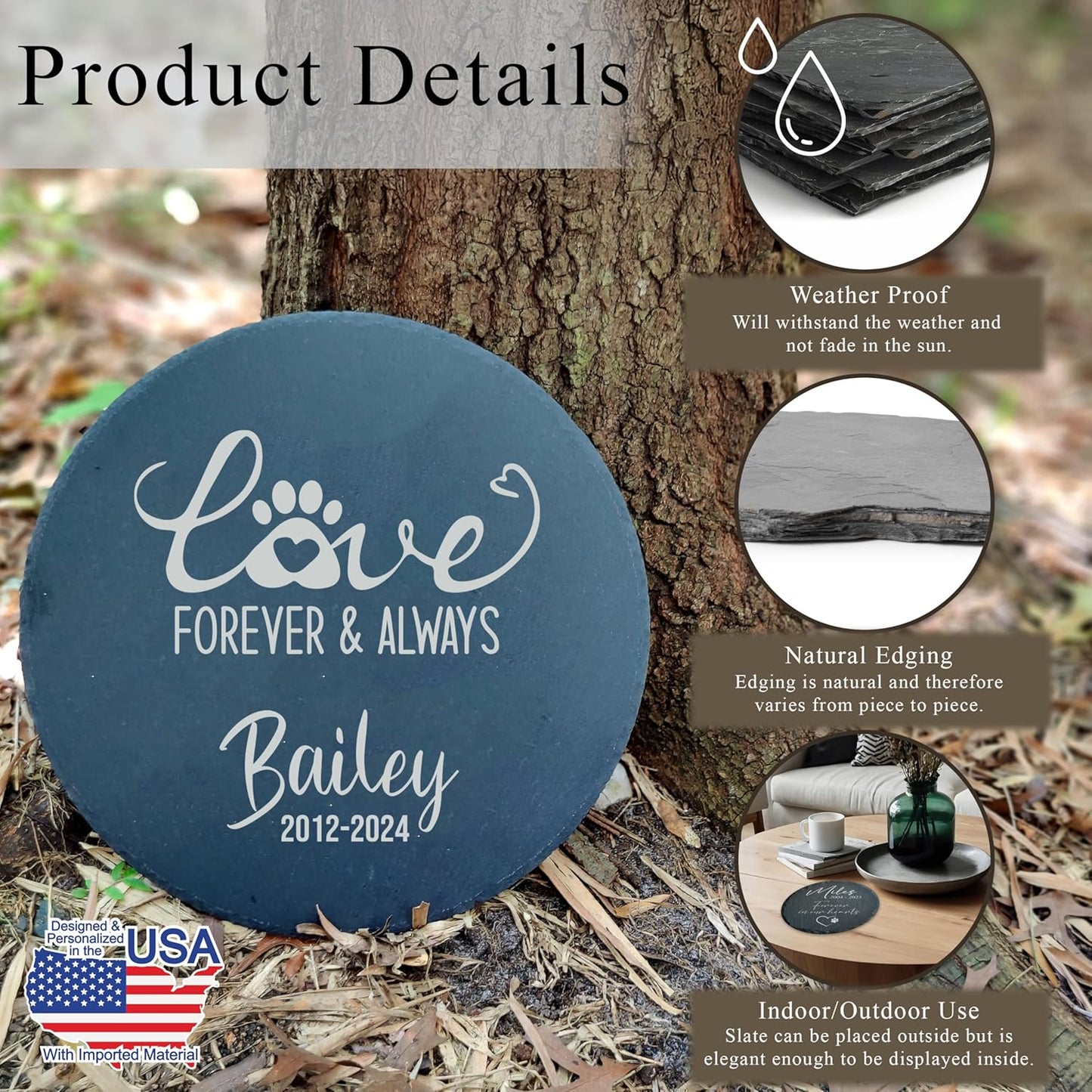 Personalized Pet Memorial Stone for Dogs and Cats | Custom Laser-Etched Weatherproof Garden Grave Marker | Natural Stone Bereavement Headstone Sympathy Gift | 4, 6, 10, or 12 Inch Heart or Circle Shape (A7)