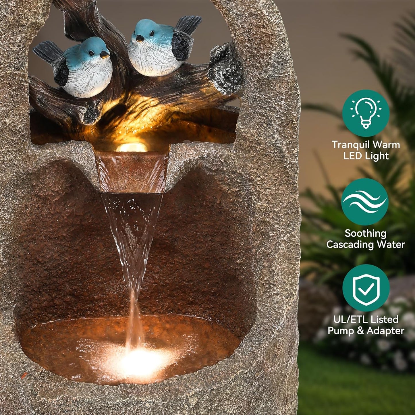 27" 2-Tier Bird Outdoor Water Fountain with Lights, Natural Zen Garden Fountain, Relaxing Waterfall Floor, Yard, Porch or Deck Decor, Whether-Resistant, Faux Granite Texture