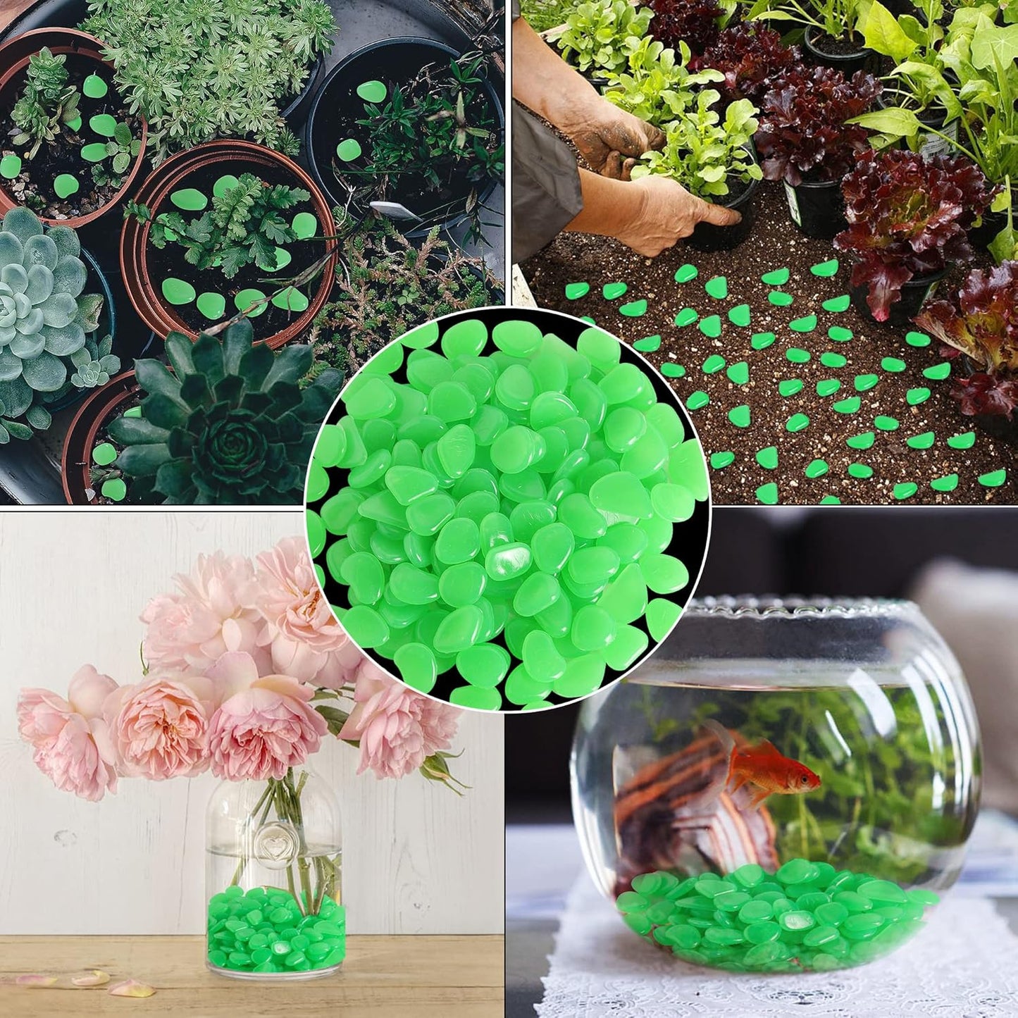 OSOPOLA 150 PCS Luminous Stones - Green Glow Rocks Decorations DIY Decorative Pebbles for Aquarium Fish Tank Sidewalk Garden Path Patio Terrace Lawn Yard Jade Ornaments Vert Cobbles Decor FD05GR150