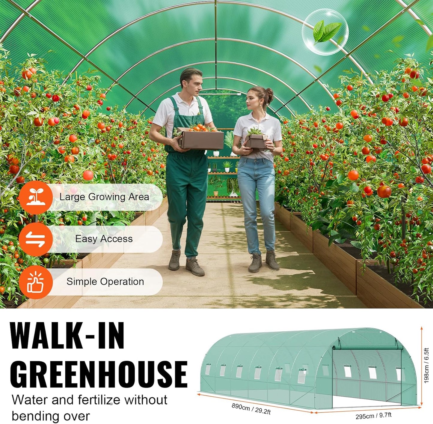 VEVOR Walk-in Tunnel Greenhouse, 29.2x9.7x6.5 ft Hoop House Greenhouse Tunnel, Plant Hot House with Galvanized Steel Frame, Green PE Cover, Roll-up Zipper Door and 12 Windows for Outdoor