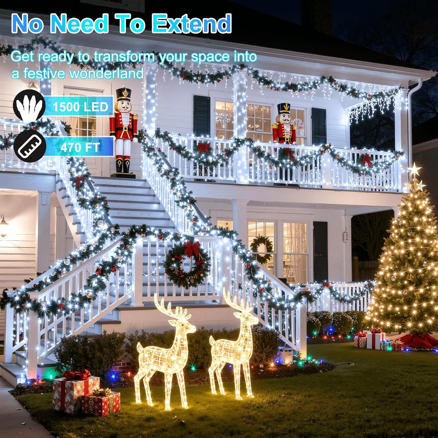 1500LED Christmas Lights Outdoor Use, 470ft 12 Modes Cool White LED String Lights with Timer Dimmable, Waterproof Christmas Tree Lights for Xmas Patio Yard Fence Balcony Garden Decor Cool White