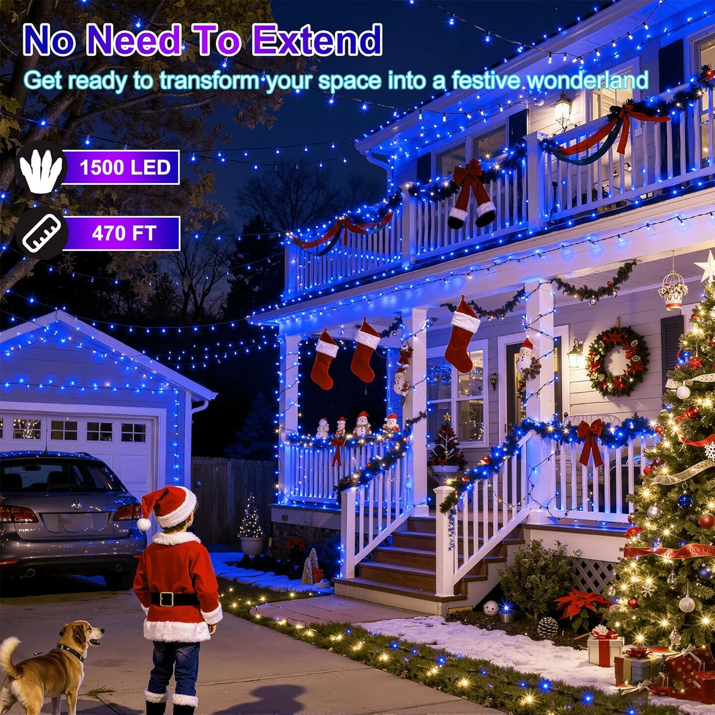 1500LED Christmas Lights Outdoor Use, 470ft 12 Modes Blue LED String Lights with Timer Dimmable, Waterproof Christmas Tree Lights for Xmas Patio Yard Fence Balcony Garden Party Decor Blue