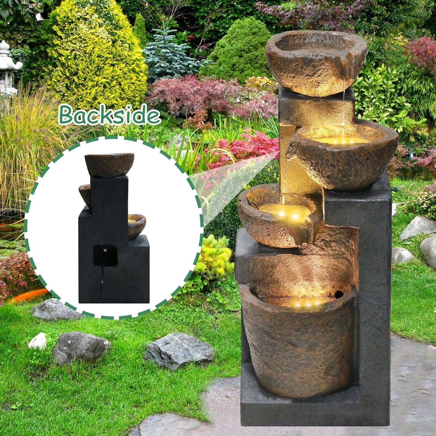 4-Tiers Cascading Bowls Outdoor Water Fountain with LED Light, Standing Cascading Water Feature, Faux Stacked Stones Waterfalls Fountains Decor for Garden Patio Yard and Lawn (Beige)